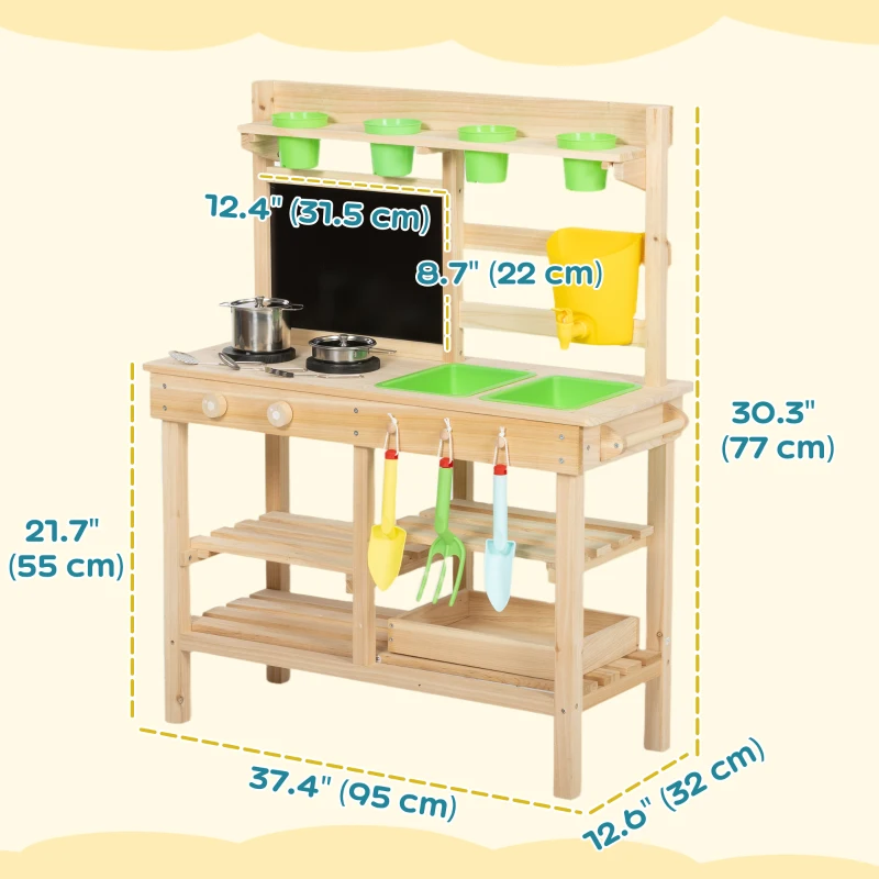 Qaba Kids Mud Kitchen, Outdoor Wooden Play Kitchen with Kitchenware & Garden Tools, Pretend Play Outdoor Toys, Natural