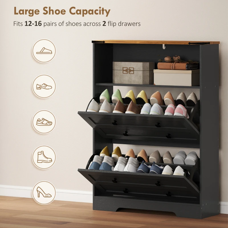 HOMCOM Shoe Cabinet with 2 Flip Drawers, Narrow Shoe Storage Cabinet, Black