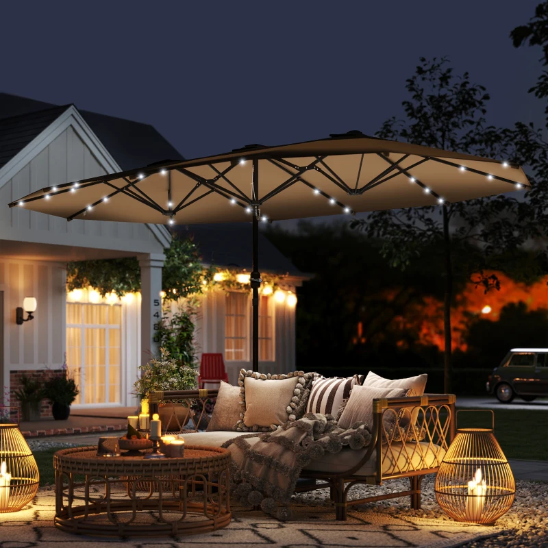 Outsunny Garden Parasol 14.4 ft. Double-Sided Sun Umbrella with Base, Patio Parasol with LED Solar Lights, Khaki
