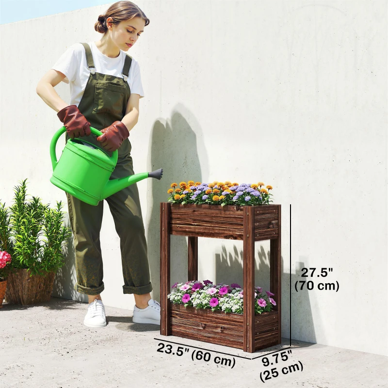 Outsunny 2-Tier Wooden Raised Garden Bed with Legs, 23.6" x 9.8" x 27.6" Elevated Planter Box with Drainage Holes and Bed Liner