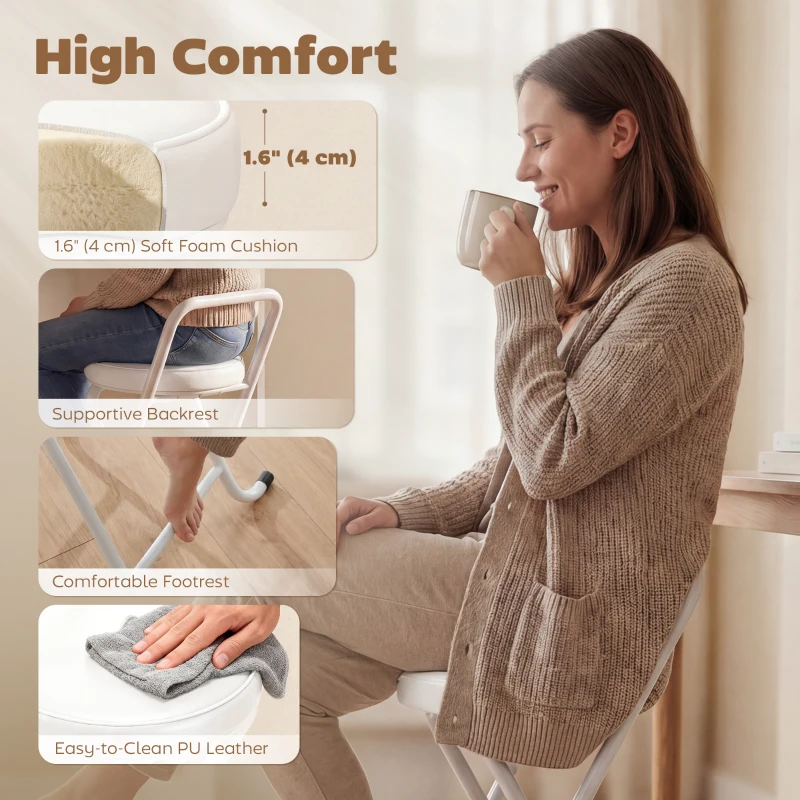 HOMCOM Foldable Bar Stools Set of 2, Folding Kitchen Chairs with PU Cushioned Seat, Footrest, White