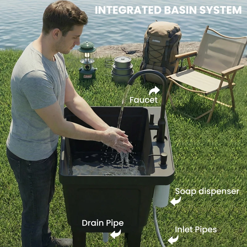 Outsunny Portable 23-Gallon Utility Sink Laundry Tub for Washing Room, Freestanding Laundry Sink with Soap Dispenser, Black