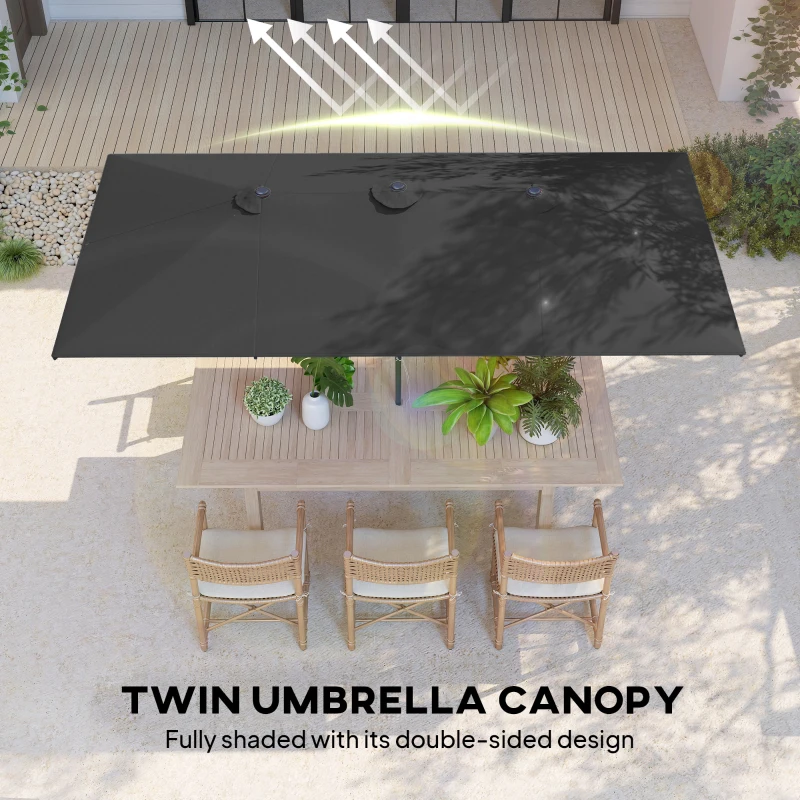 Outsunny Double-Sided Patio Umbrella Parasol with Tilt, Adjustable Height, Vents and 12 Ribs, for Garden, Deck, Grey