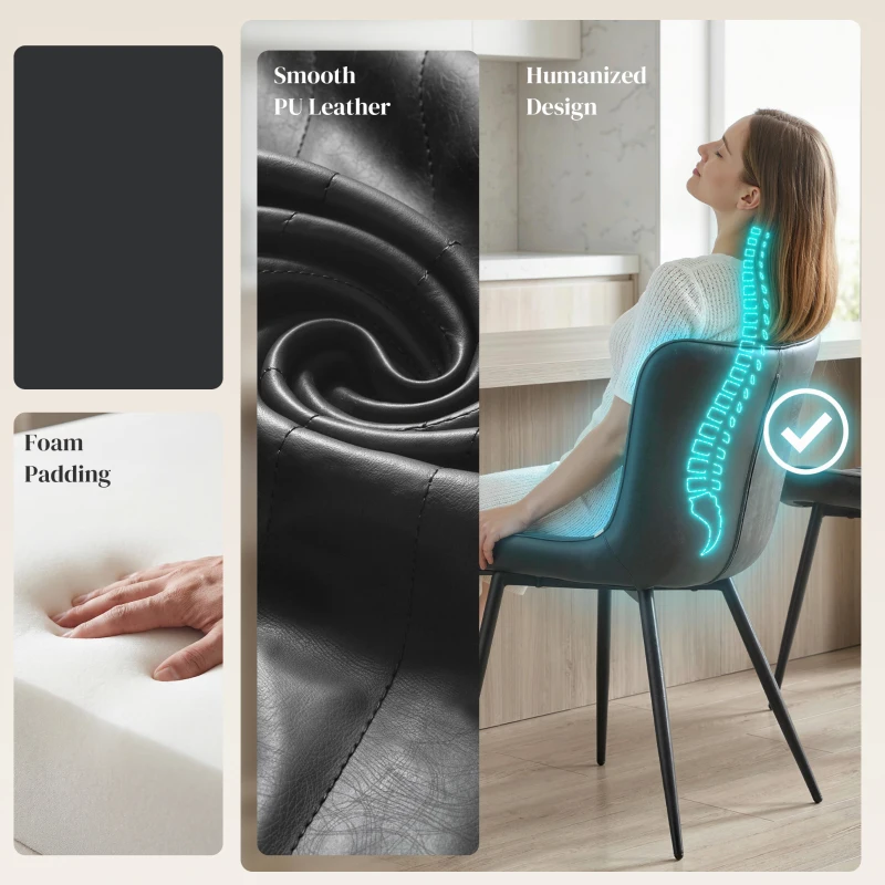 HOMCOM Dining Chairs Set of 2, PU Leather Upholstered Kitchen Chairs with Backrest and Steel Legs, Black