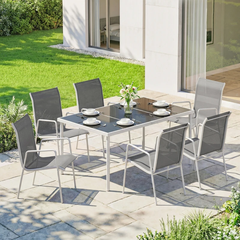 Outsunny 7 Piece Garden Dining Set, Garden Furniture Set with Rectangle Table and 6 Stackable Chairs