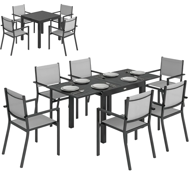 Outsunny 7 Pieces Outdoor Dining Set, Aluminum Patio Table and Chairs Set for 6 with Extendable Tabletop and Stackable Chairs
