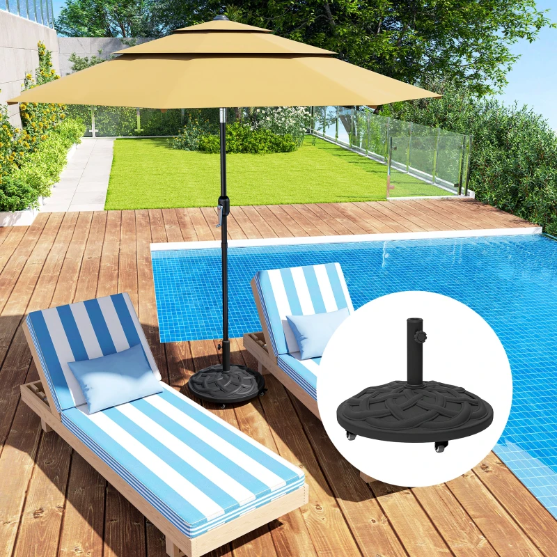 Outsunny Round Patio Umbrella Base with Wheels, 44 lbs Resin Umbrella Stand Base, 1.3"/1.5"/1.9" Umbrella Poles Black