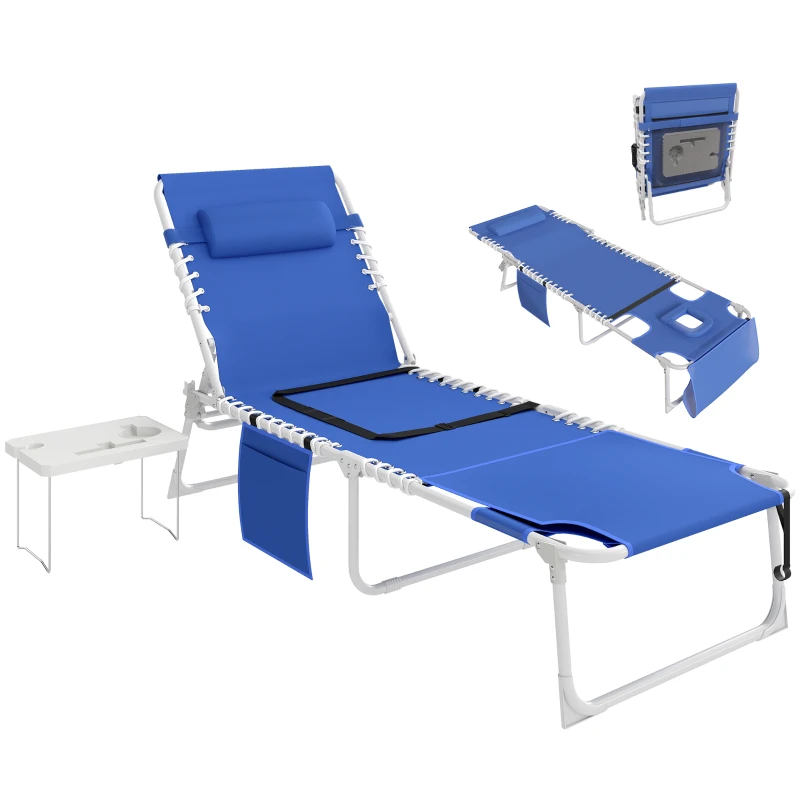 Outsunny Tanning Chair with Face Hole and Side Table, Folding Outdoor Lounge Chair with Carry Straps, Side Pocket, Navy Blue