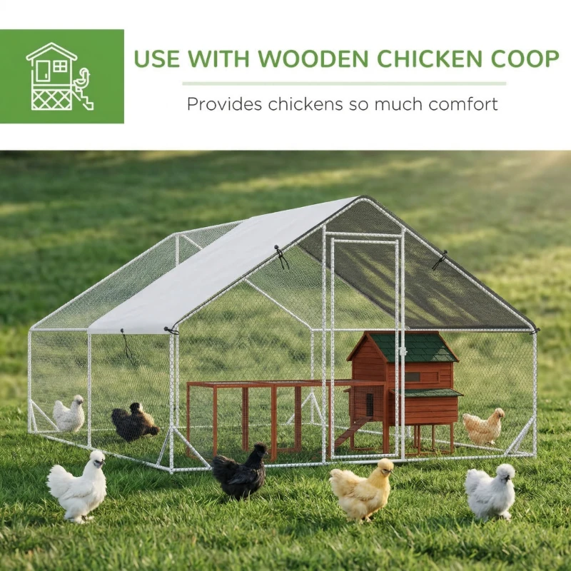PawHut 10' x 13' x 6.5' Metal Frame Chicken Run, Outdoor Hen House with Cover & Lockable Door