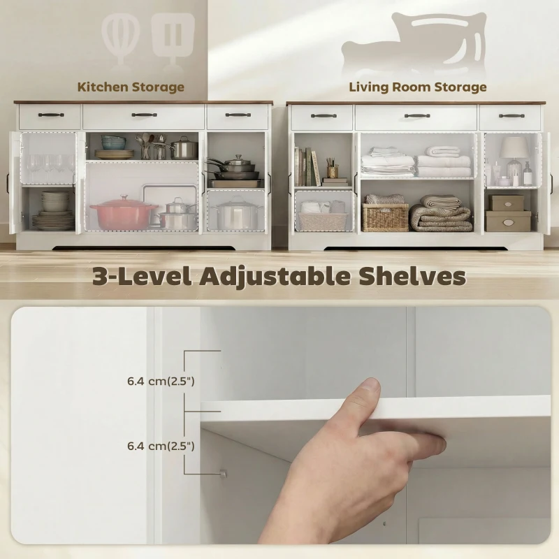 HOMCOM Sideboard Buffet Cabinet, 55" Farmhouse Kitchen Cabinet with 4 Barn Doors, 3 Drawers, 3 Adjustable Shelves, White