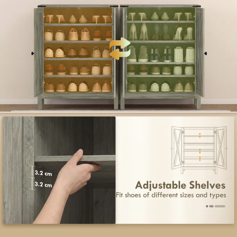 HOMCOM Shoe Cabinet with Barn Doors, Farmhouse Shoe Storage Cabinet with Adjustable Shelves, Holds up to 15 Pairs, Grey