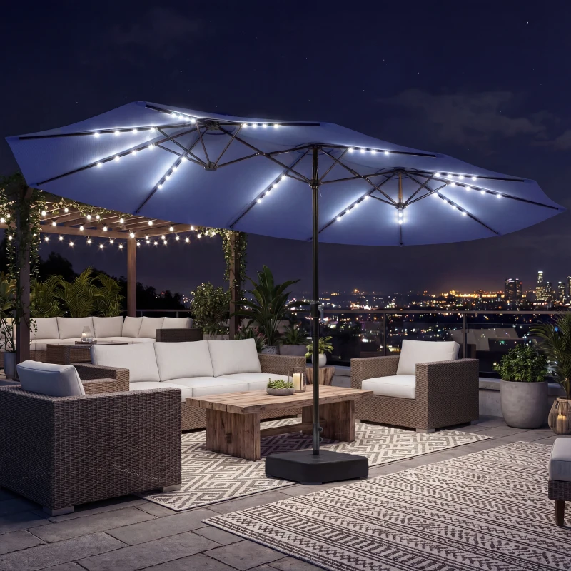 Outsunny Double-sided Patio Umbrella with Base Included & 48 LED Lights 15ft Dark Blue