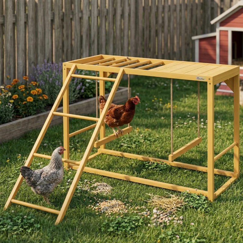 PawHut Wooden Chicken Activity Play w/ Swing Set, Chicken Coop Toy, Natural