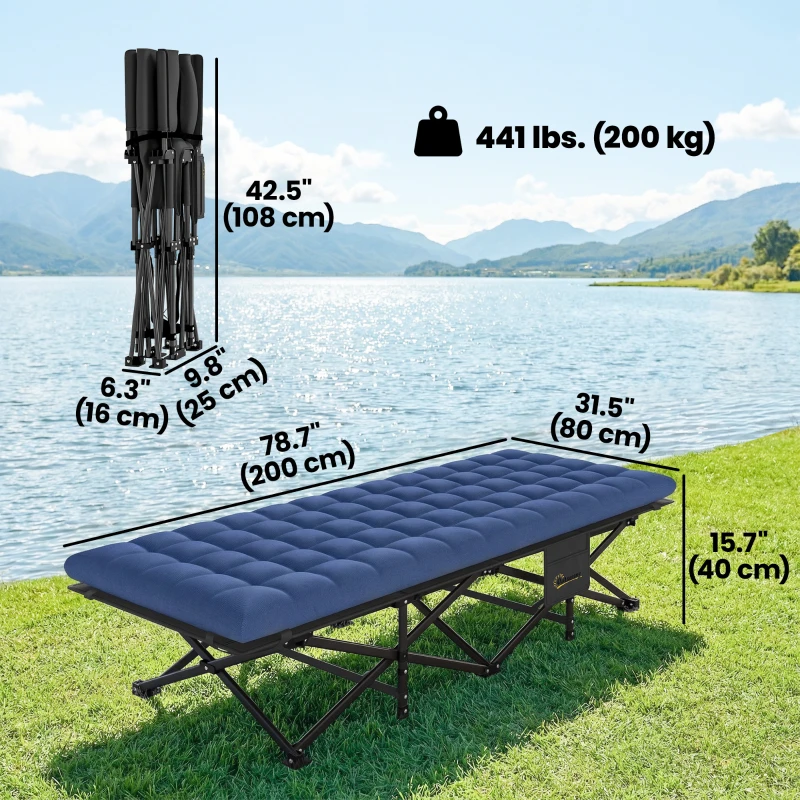 Outsunny Set of 2 Camping Cot with Soft Pad, 32" Extra Wide Folding Cots with Non-Slip Feet and Carry Bag, Blue