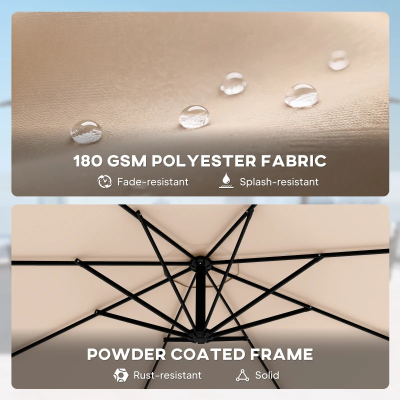 Outsunny 10FT Cantilever Patio Umbrella with 8 Ribs, Offset Patio Umbrella with Cover and Wind Ropes for Garden, Yard, Khaki