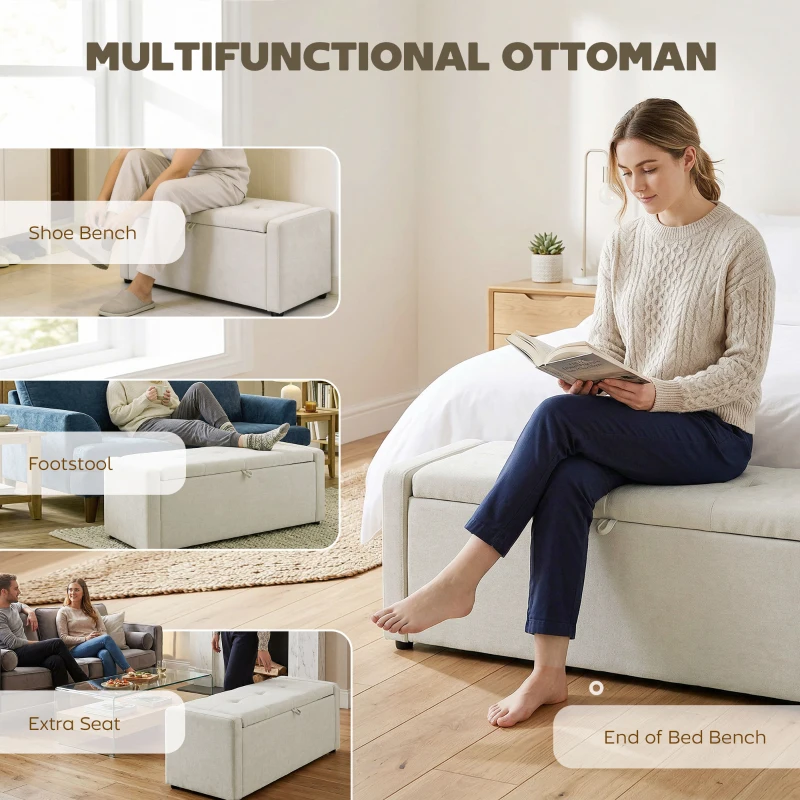 HOMCOM Storage Ottoman Bench, Linen-Look Fabric Upholstered Ottoman with Storage, Wide Padded Seat, Cream White