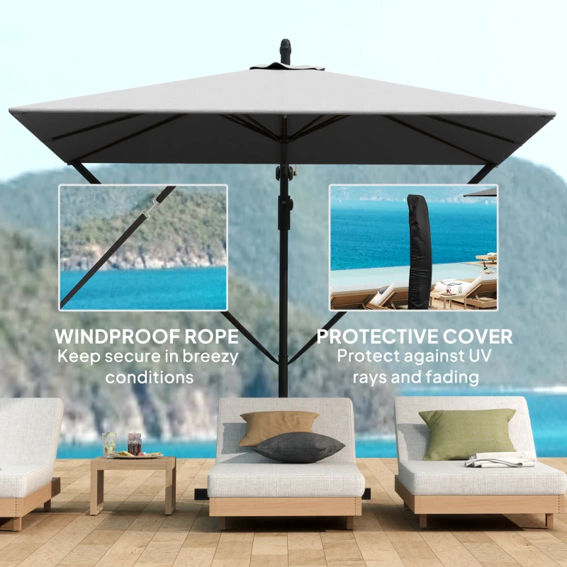 Outsunny Patio Offset Umbrella UPF 50+ UV Protection, Crank Parasol with Base, Cover & Wind Securing, Khaki