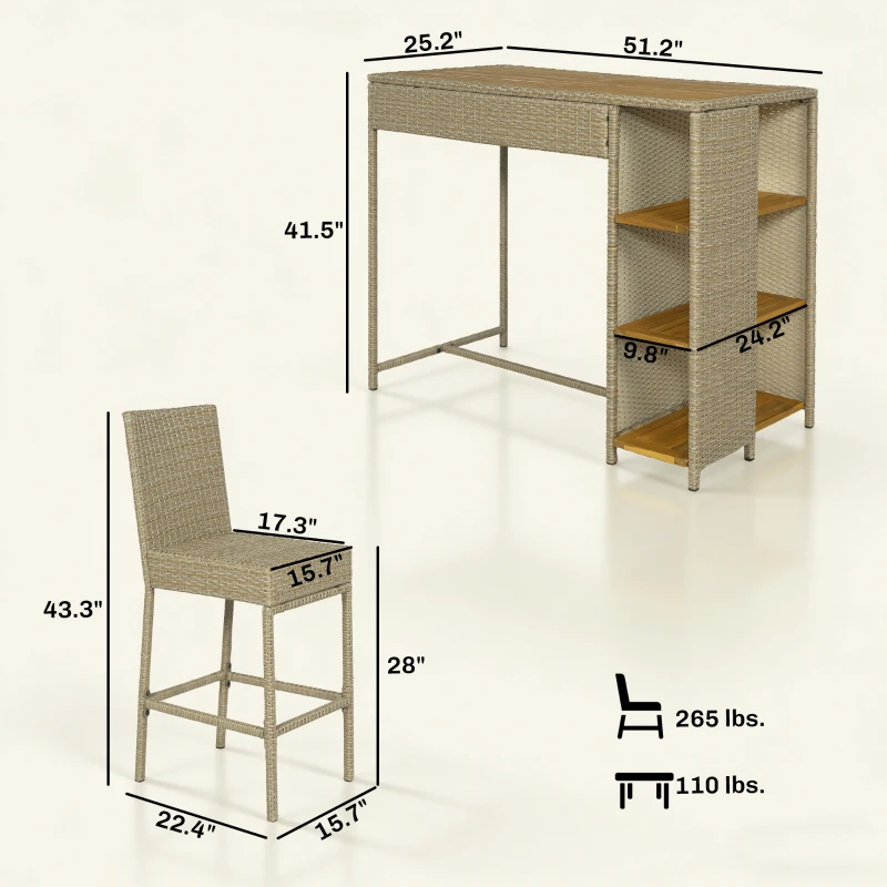 Outsunny 5 Piece Wicker Outdoor Bar Set, Acacia Wood Outdoor High Top Table and Chairs with 3 Tier Shelves, Cushions, Brown