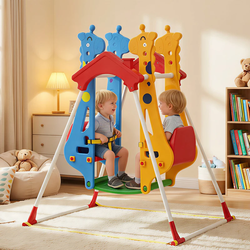 Qaba Kids Indoor Swing with Double Seats, Toddler Swing Set with Safety Belts for Aged 3-5, Play Room, Living Room