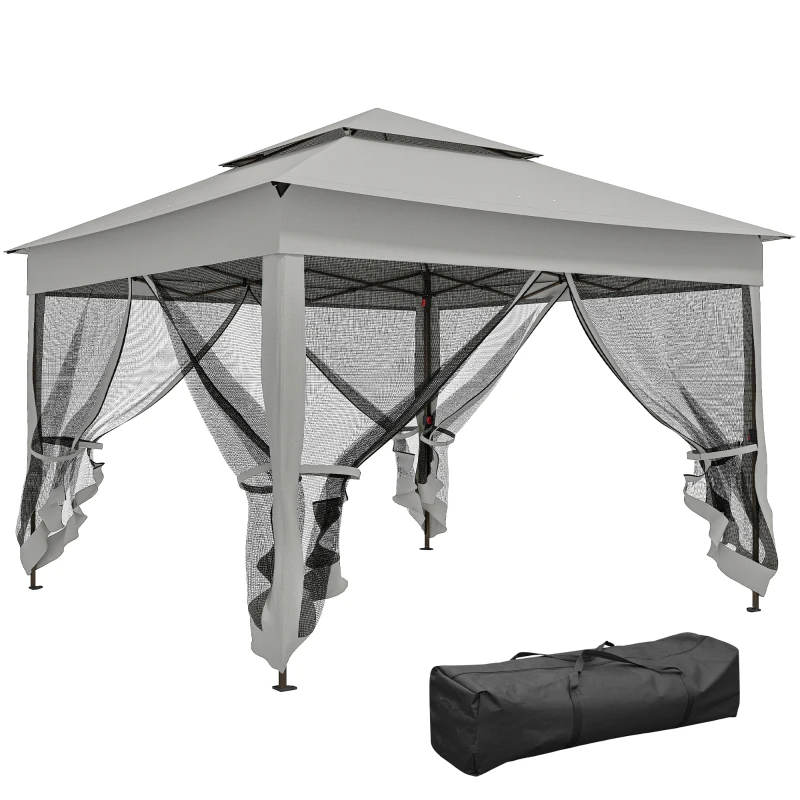 Outsunny 11' x 11' Pop Up Canopy 2-Tier Soft Top Shelter Event Tent w/ Netting Carry Bag for Patio Backyard Garden, Light Grey