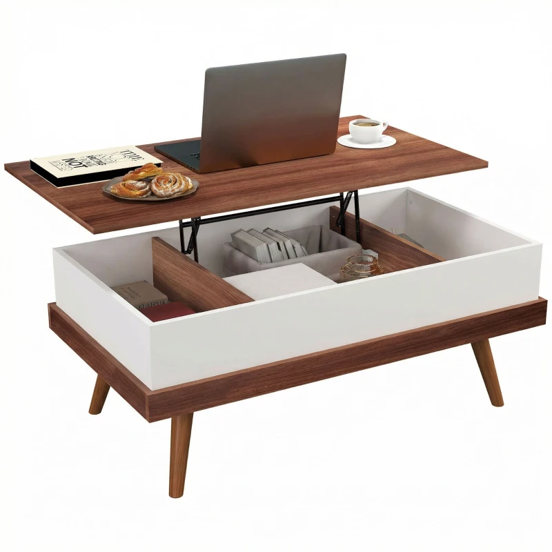 HOMCOM Lift Top Coffee Table with Hidden Compartments and Wood Legs, Walnut
