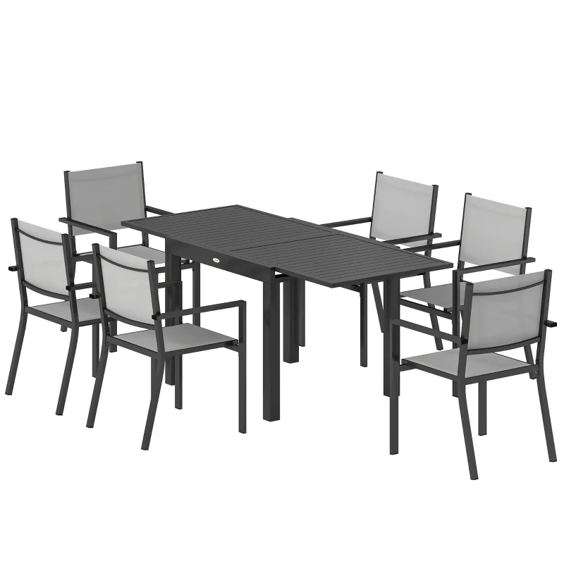 Outsunny 7 Pieces Outdoor Dining Set, Aluminum Patio Table and Chairs Set for 6 with Extendable Tabletop and Stackable Chairs