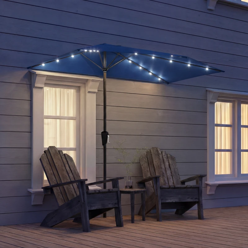 Outsunny Half Outdoor Patio Umbrella with Solar LED Lights Half Umbrella with Crank 105.1" x 53.5" Navy Blue
