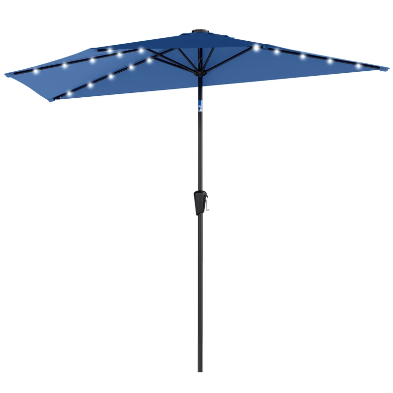 Outsunny Half Outdoor Patio Umbrella with Solar LED Lights Half Umbrella with Crank 105.1" x 53.5" Navy Blue