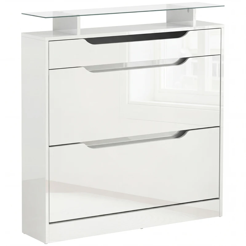 HOMCOM High Gloss Shoe Cabinet with 2 Flip Drawers and Adjustable Shelves, Narrow Shoe Storage Cabinet with Glass Top, White