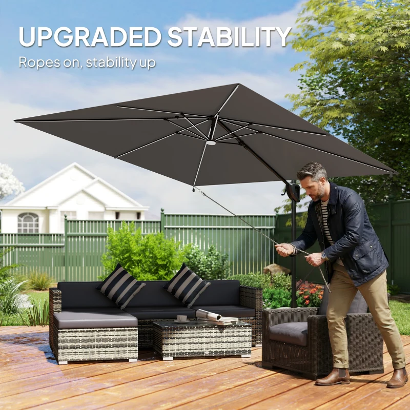 Outsunny 10 x 9.7 ft Offset Cantilever Patio Umbrella with Lights, Wind Rope, UPF50+ Outdoor Cantilever Parasol, Dark Grey