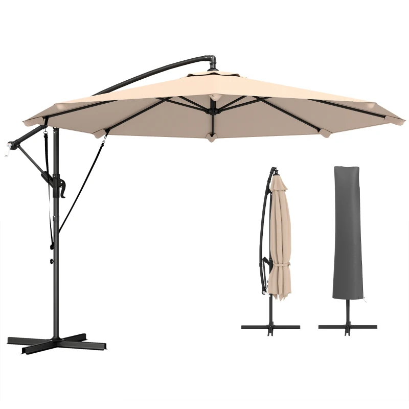 Outsunny 10FT Cantilever Patio Umbrella with 8 Ribs, Offset Patio Umbrella with Cover and Wind Ropes for Garden, Yard, Khaki