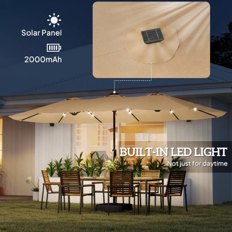 Outsunny Double-sided Patio Umbrella with Base Included & 48 LED Lights 15ft Khaki