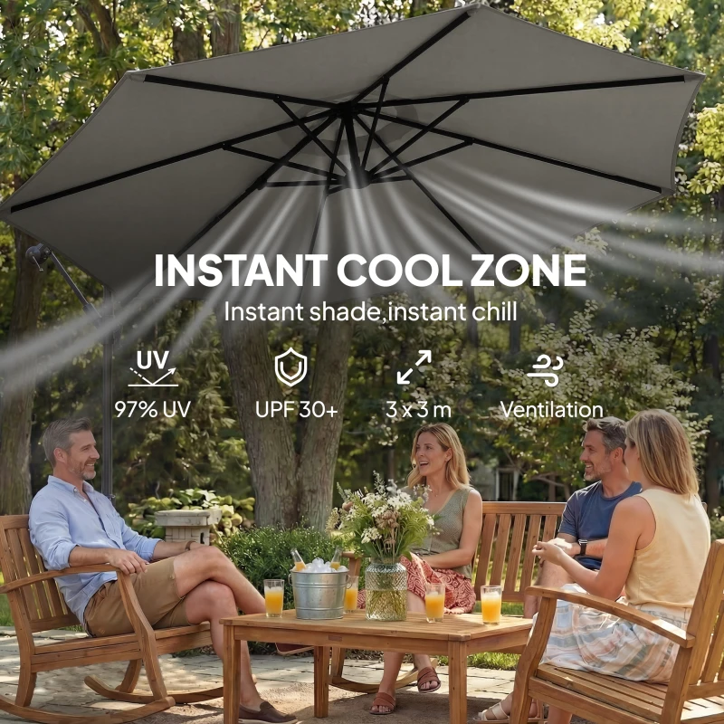 Outsunny 9.6 ft Offset Patio Umbrella with Sandbag, Garden Hanging Banana Cantilever Parasol with 360° Rotation, Grey