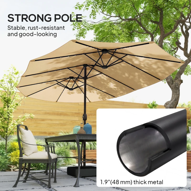 Outsunny Double-sided Patio Umbrella with Base Included & 48 LED Lights 15ft Khaki