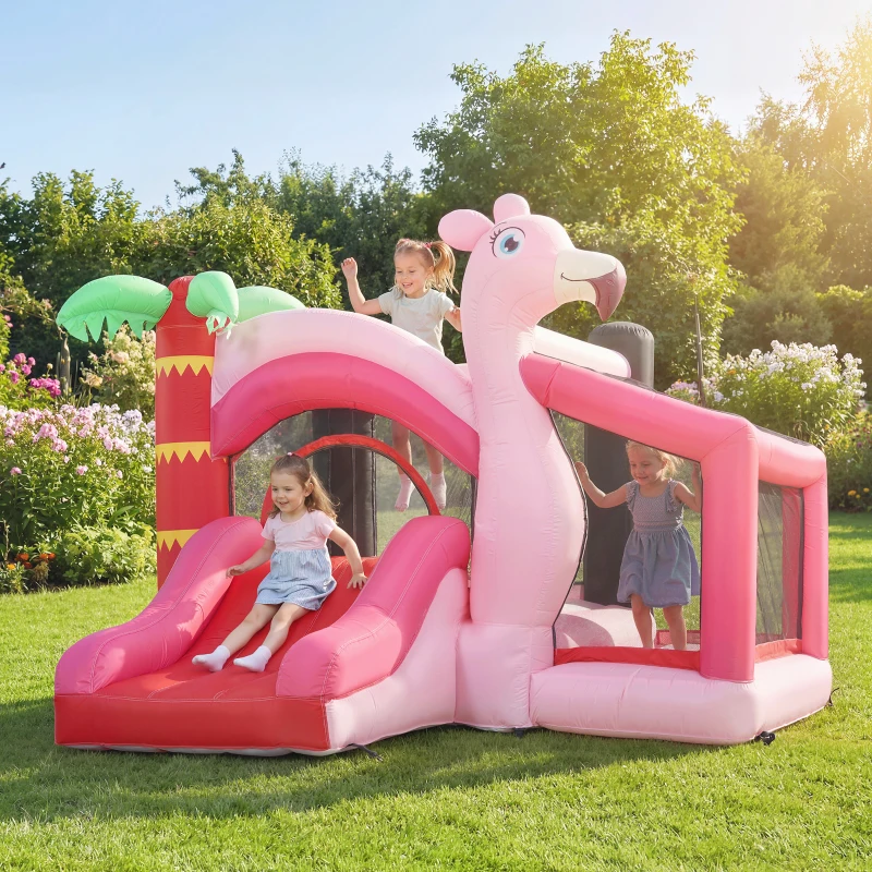 Qaba Inflatable Bounce House with Ball Pool, Basketball Hoop, Jumping Bouncy Castle with Blower for Indoor Outdoor, Pink
