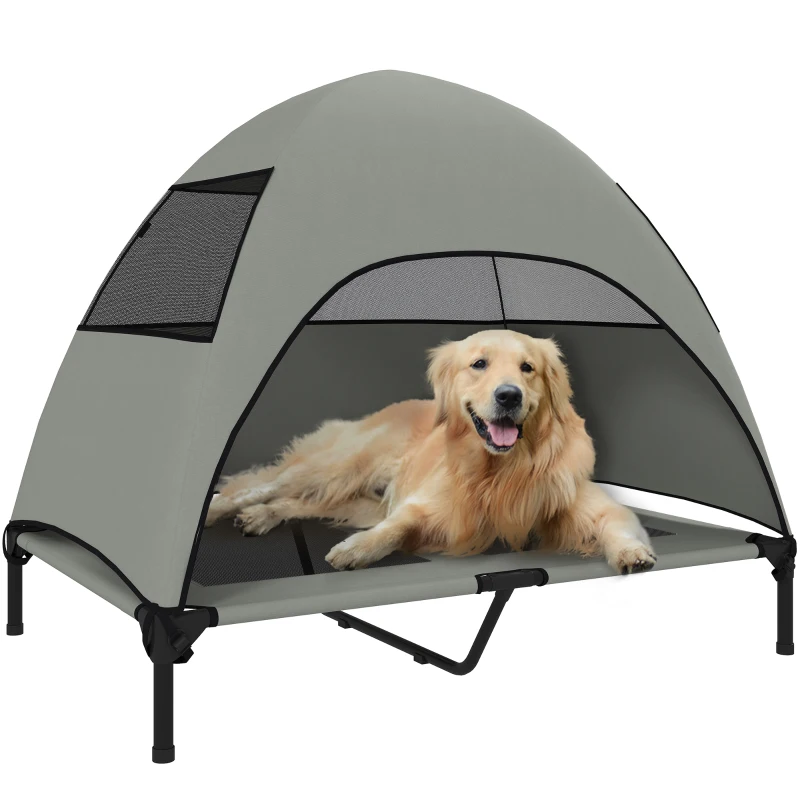 PawHut Elevated Dog Bed with Canopy Raised Dog Bed  Washable Mesh Steel Frame 41.7" x 29.9" x 39" Light Grey