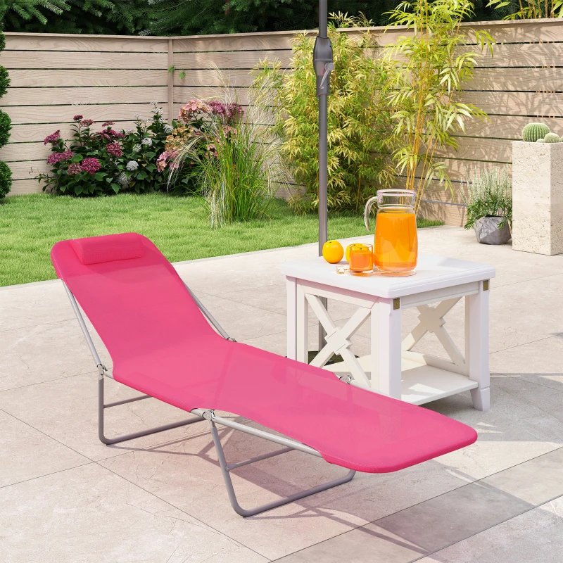 Outsunny Outdoor Lounge Chair, Portable Reclining Seat, Folding Chaise Lounge, Tanning Chair Bed with Pillow, Pink