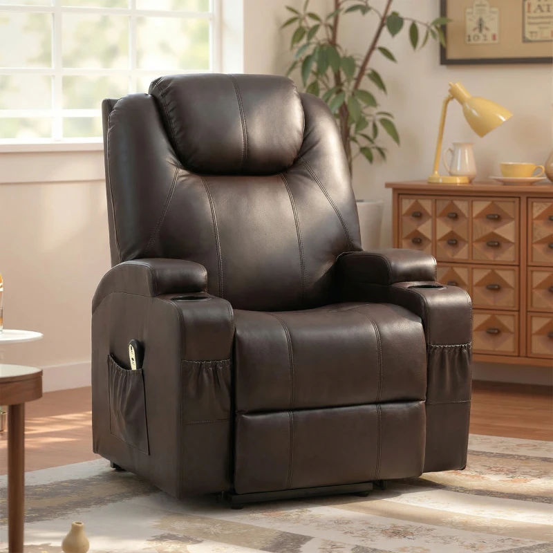 HOMCOM Power Lift Recliner Chair for Elderly, PU Leather Lift Chair with Thick and High Back, Footrest, Remote, Side Pockets, Cup Holders, Reclining Sofa for Living Room, Brown