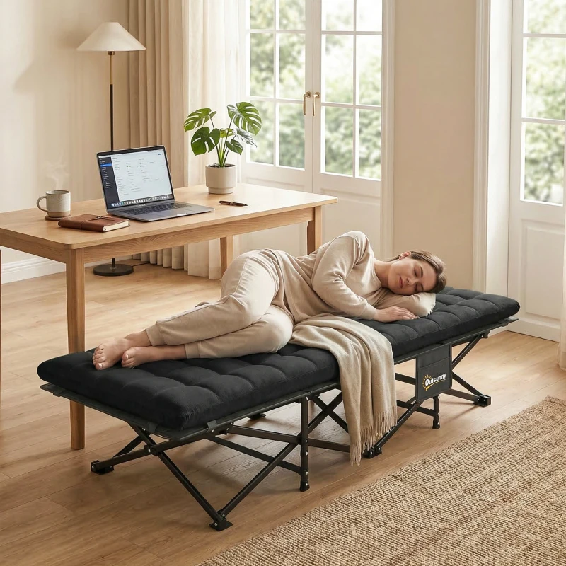 Outsunny Camping Cot with Soft Pad, 32" Extra Wide Folding Cots with Non-Slip Feet and Carry Bag, Black