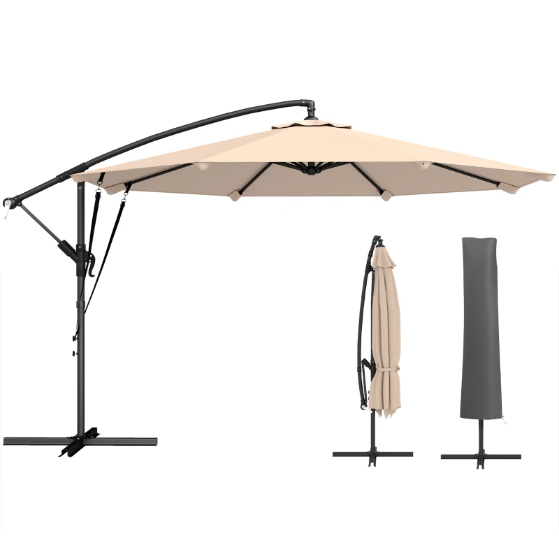 Outsunny 10FT Cantilever Patio Umbrella with 8 Ribs, Offset Patio Umbrella with Cover and Wind Ropes for Garden, Yard, Khaki