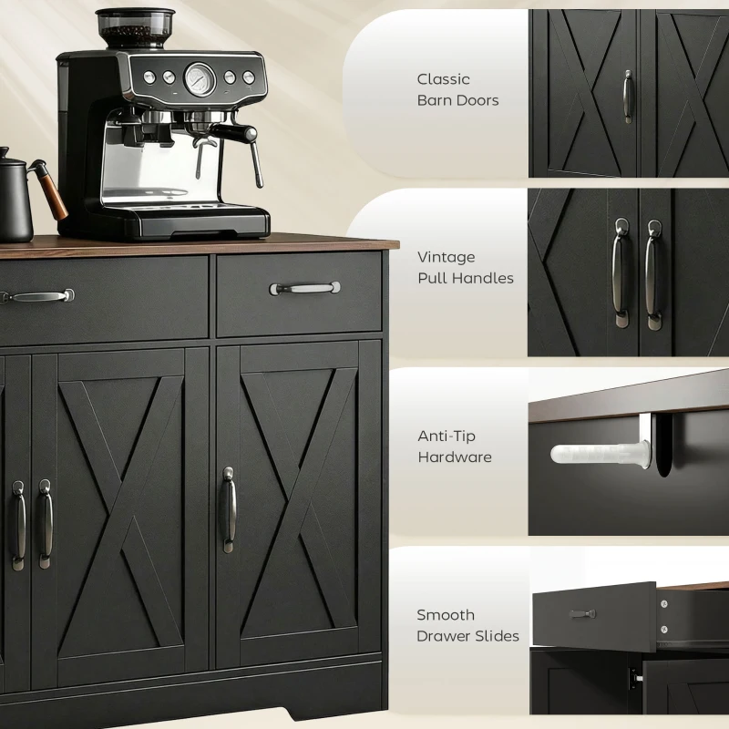HOMCOM Sideboard Buffet Cabinet, 55" Farmhouse Kitchen Cabinet with 4 Barn Doors, 3 Drawers, 3 Adjustable Shelves, Black