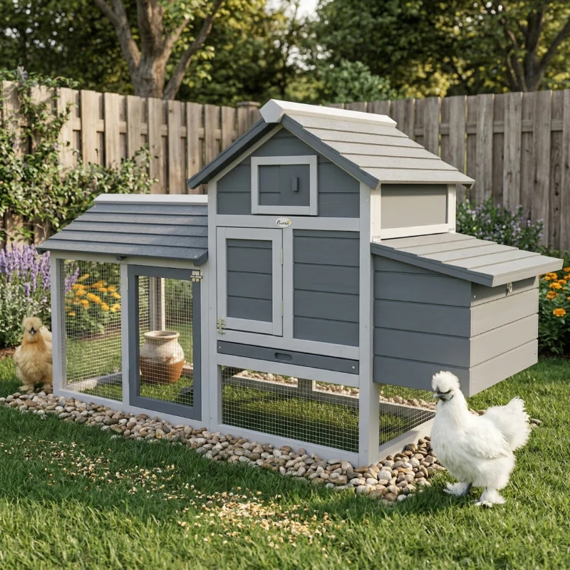 PawHut 59" Small Wooden Chicken coop Hen House Poultry Cage for Outdoor Backyard with 2 Doors, Nesting Box and Removable Tray, Gray