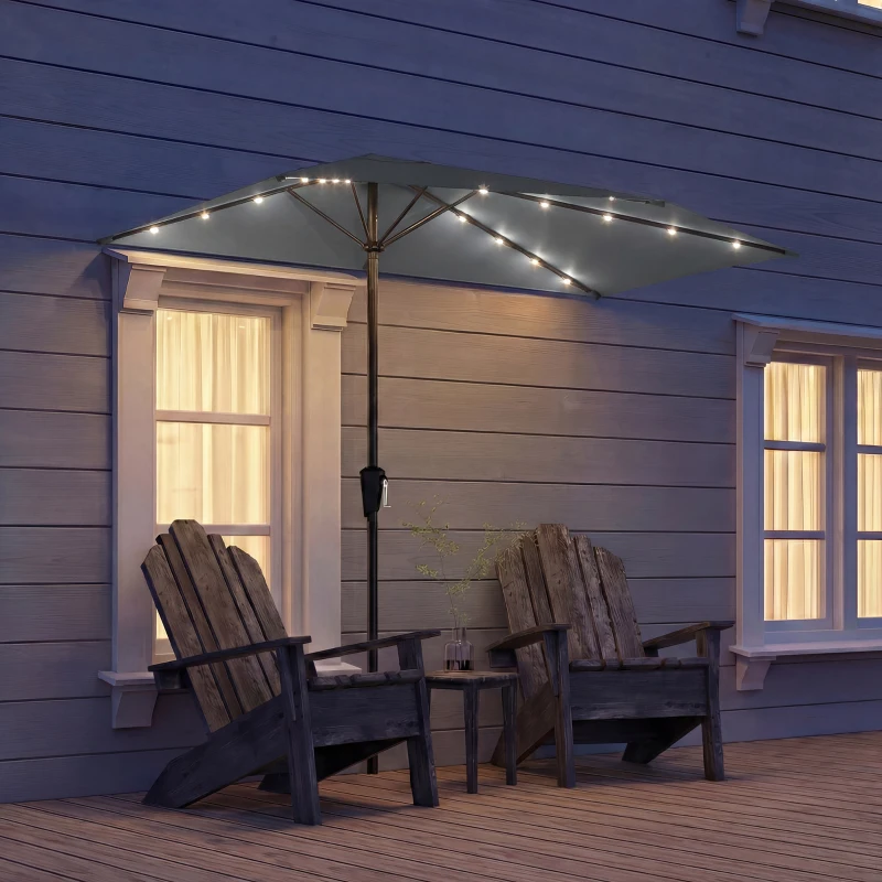 Outsunny Half Outdoor Patio Umbrella with Solar LED Lights Half Umbrella with Crank 9ft Dark Grey