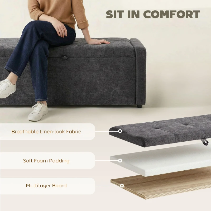HOMCOM Storage Ottoman Bench, Linen-Look Fabric Upholstered Ottoman with Storage, Wide Padded Seat, Dark Grey