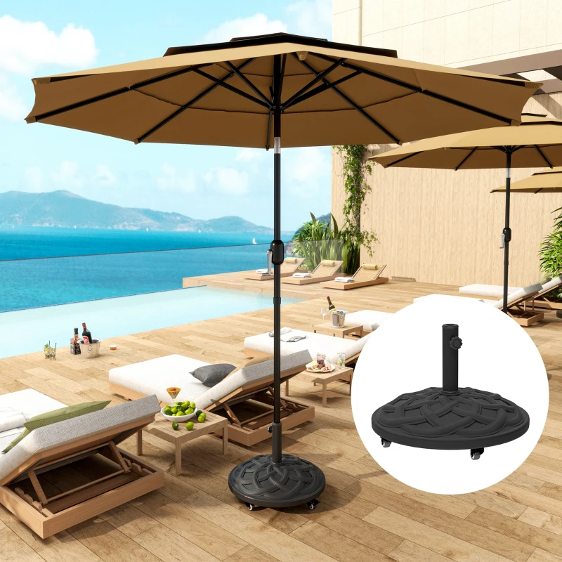 Outsunny Round Patio Umbrella Base with Wheels, 44 lbs Resin Umbrella Stand Base, 1.3"/1.5"/1.9" Umbrella Poles Black