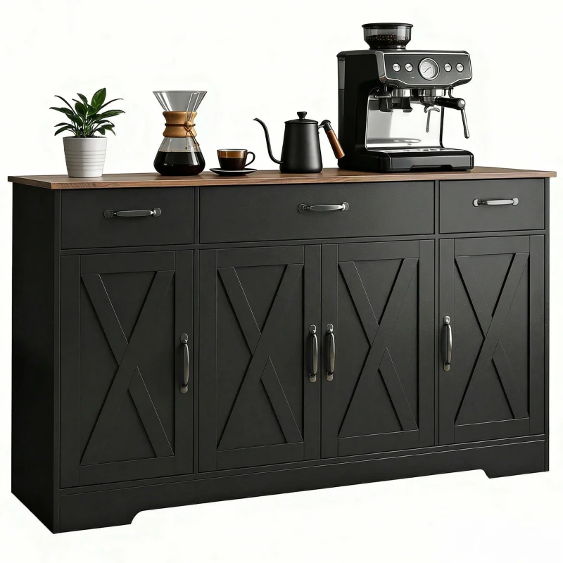 HOMCOM Sideboard Buffet Cabinet, 55" Farmhouse Kitchen Cabinet with 4 Barn Doors, 3 Drawers, 3 Adjustable Shelves, Black