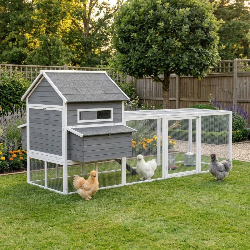 PawHut 137" Wooden Chicken Coop for 8-10 Chickens, Backyard, Dark Gray