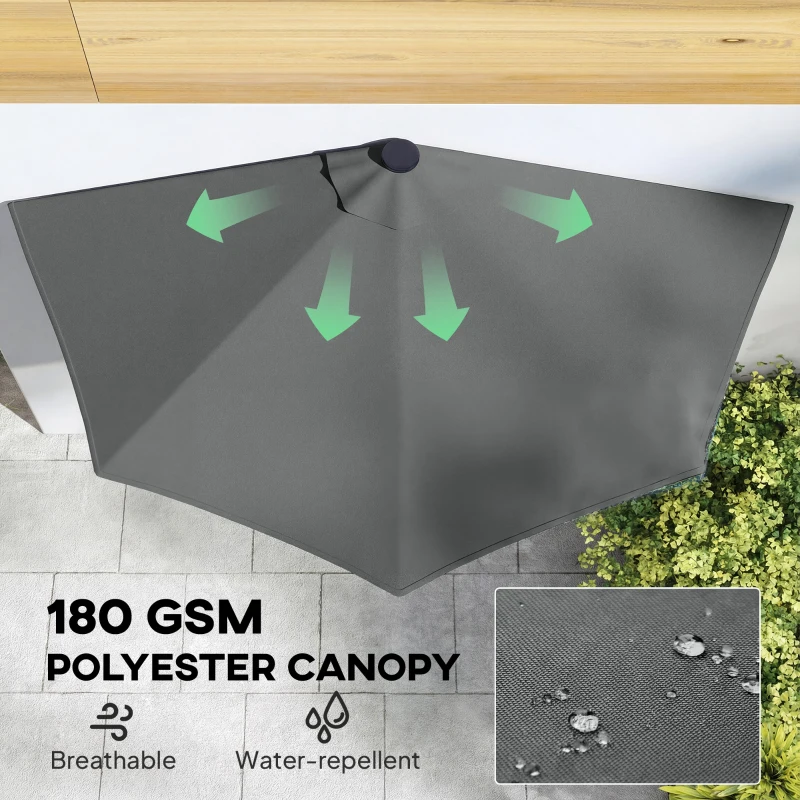 Outsunny Half Outdoor Patio Umbrella with Solar LED Lights Half Umbrella with Crank 9ft Dark Grey