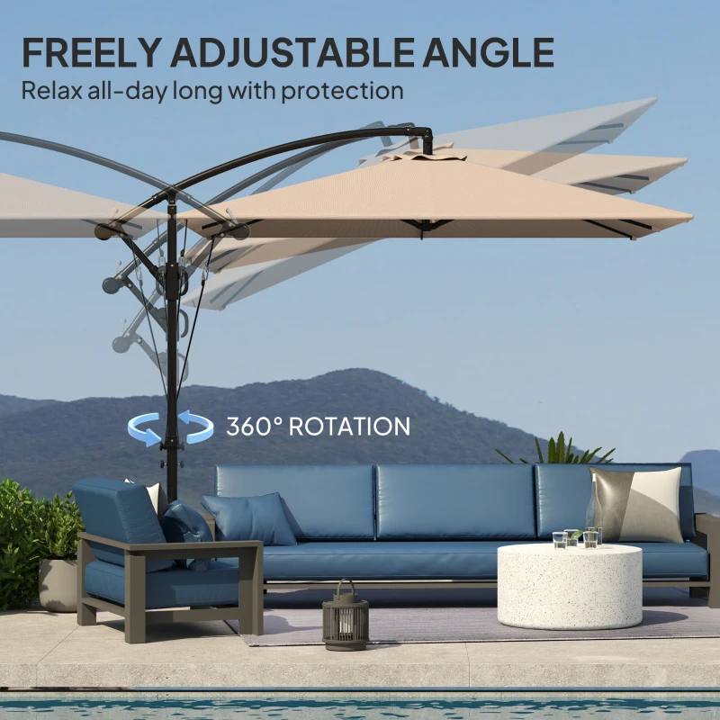 Outsunny Patio Offset Umbrella UPF 50+ UV Protection, Crank Parasol with Base, Cover & Wind Securing, Khaki