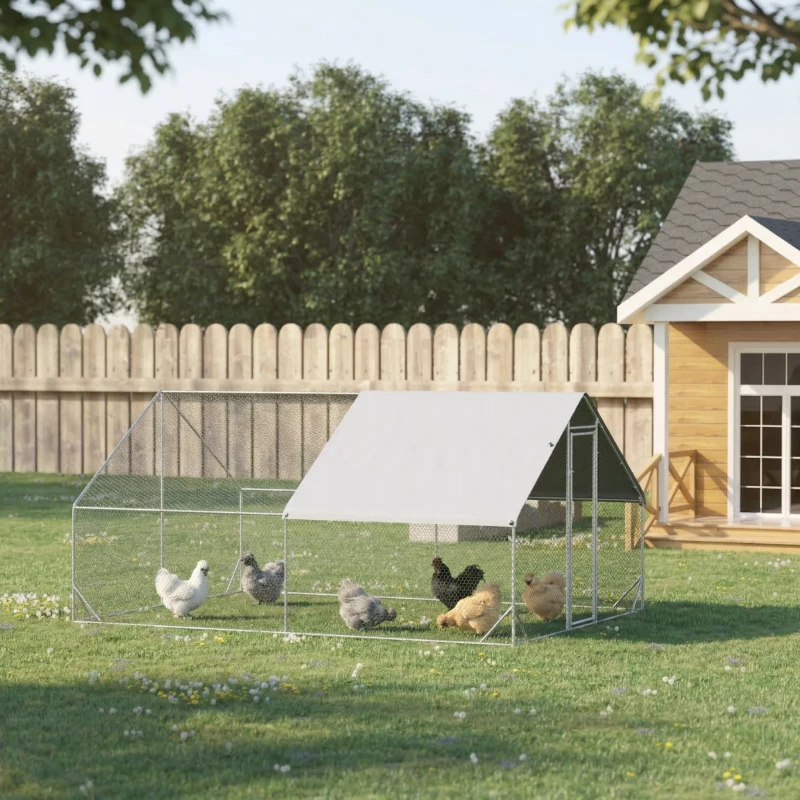 PawHut 10' x 13' x 6.5' Metal Frame Chicken Run, Outdoor Hen House with Cover & Lockable Door